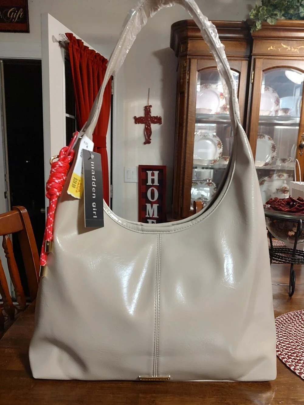 Madden Girl Cream Shoulder Bag with Red Accent Charm